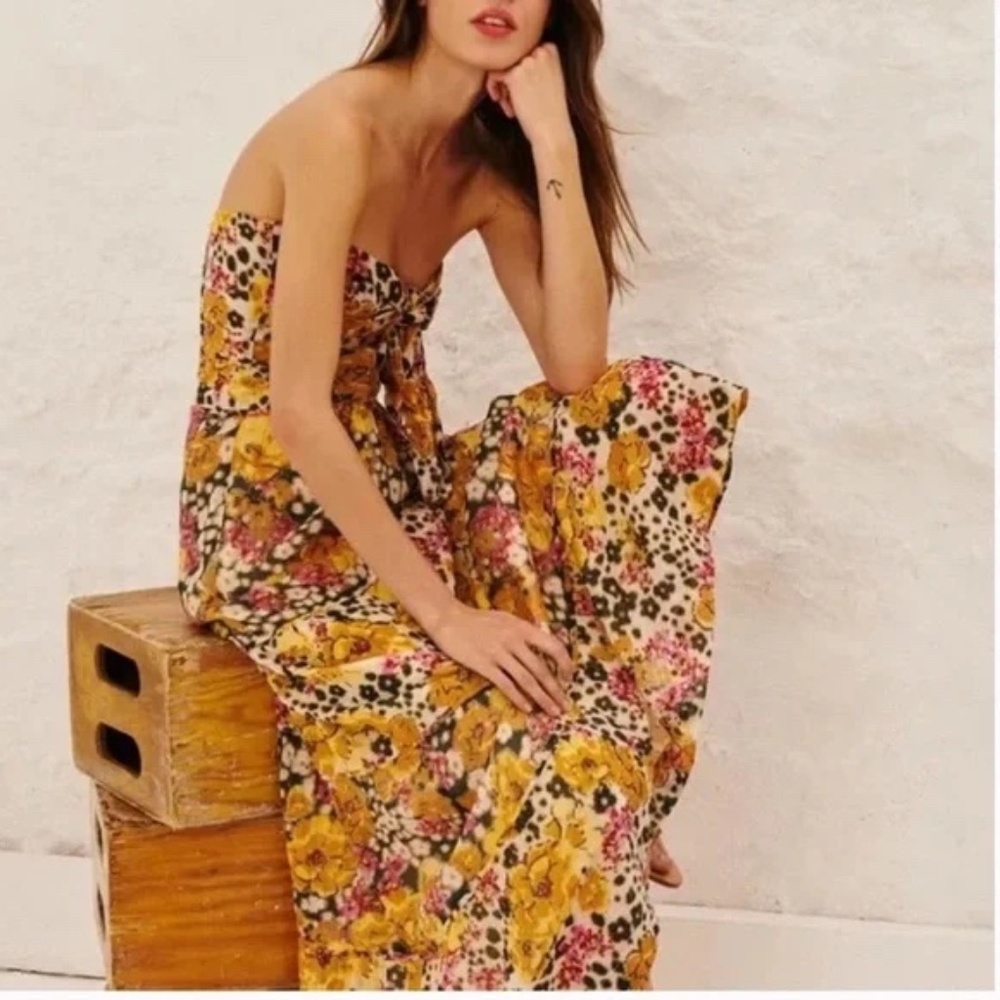 Ba&sh Dalid Ocre Floral Strapless Midi Dress